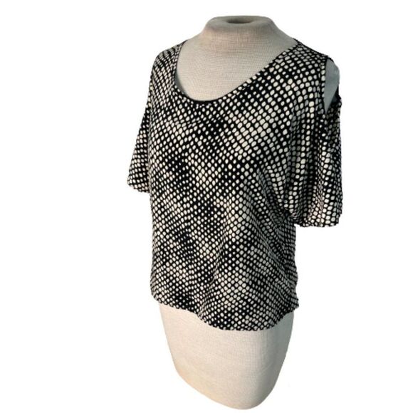 Peaches & Cream Cold Shoulder Top Shirt Blouse Black Cream S Small - Picture 1 of 5